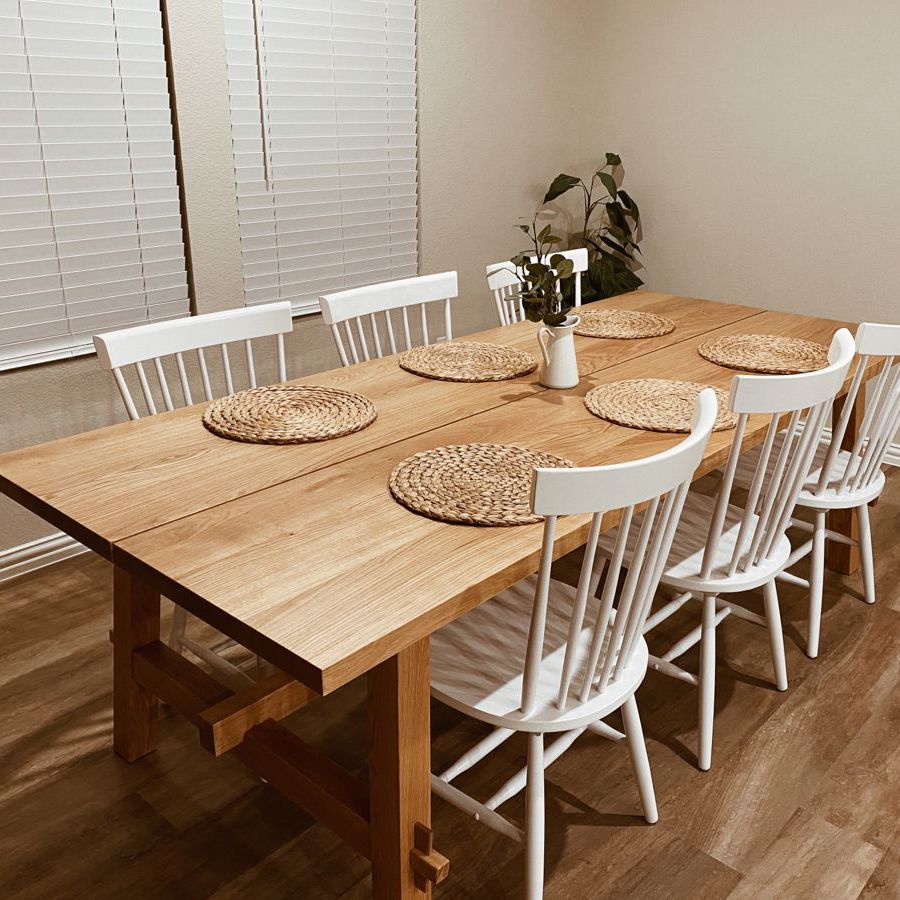 Simple Solid Wood Rectangle Shape Dining Table Khaki Standard Dining Table with Trestle Base