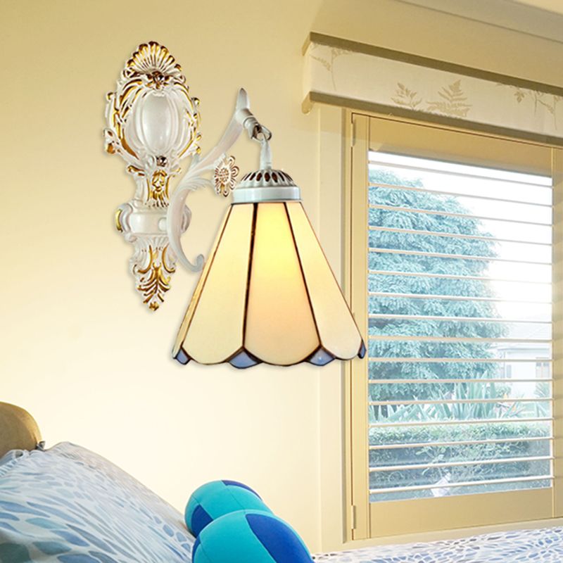 Conical Wall Sconce Light Traditional Beige Glass 1 Light Wall Lighting in White Finish for Bedroom
