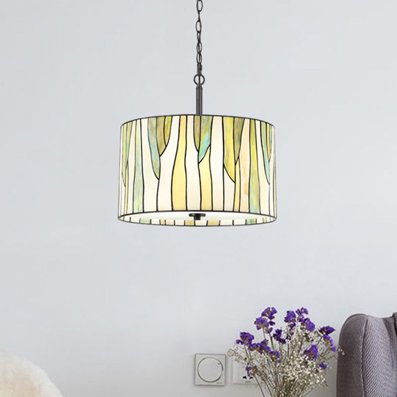 Tiffany Style Drum Down Lighting 1 Light Handcrafted Art Glass Suspension Lamp in Yellow for Living Room