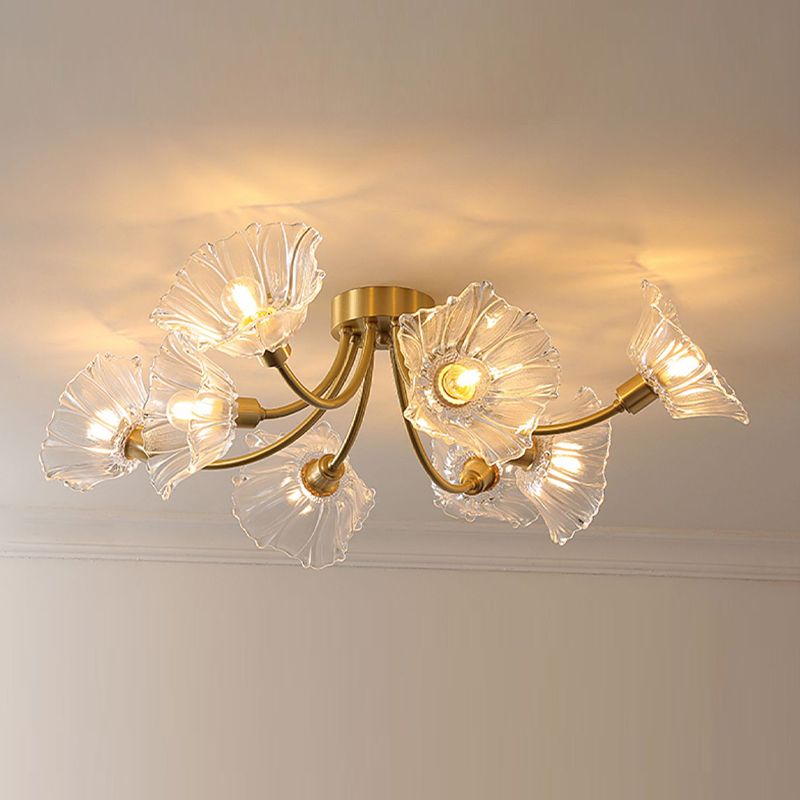 Flower Shape Glass Flush Mount Light Modern Multi Lights Ceiling Mount Light in Brass
