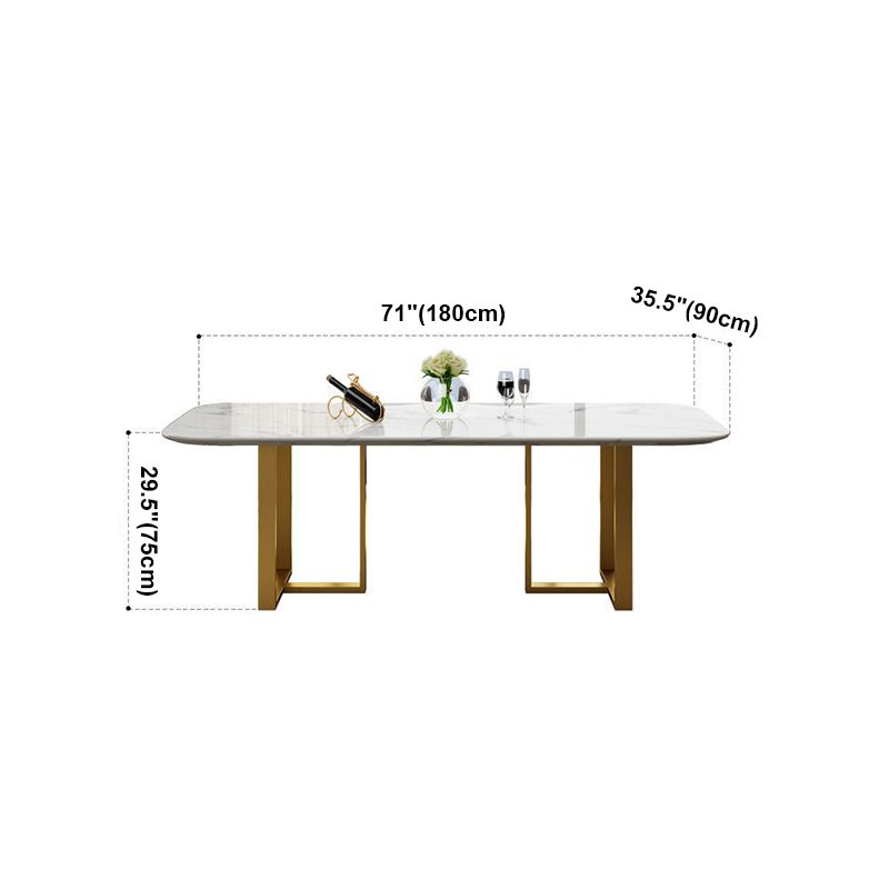Rectangle Traditional Luxury Dining Table White Sintered Stone Table with Gold Double Pedestal
