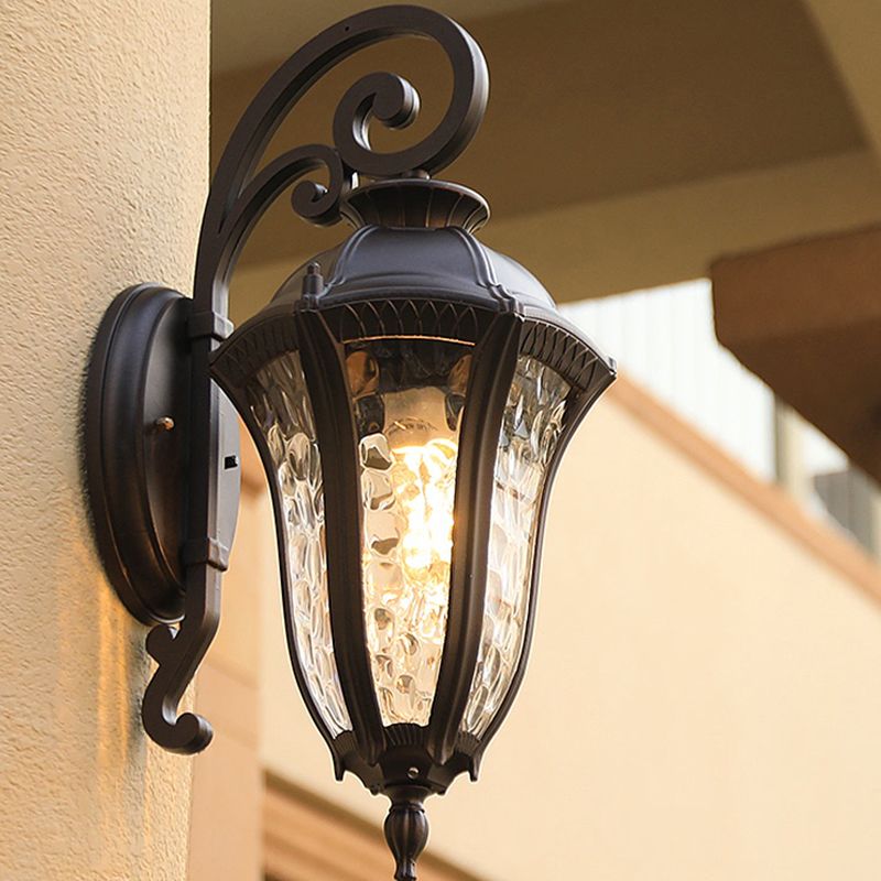 Rippled Glass Black Finish Sconce Bell Shaped 1-Light Vintage Style Wall Mounted Light for Yard