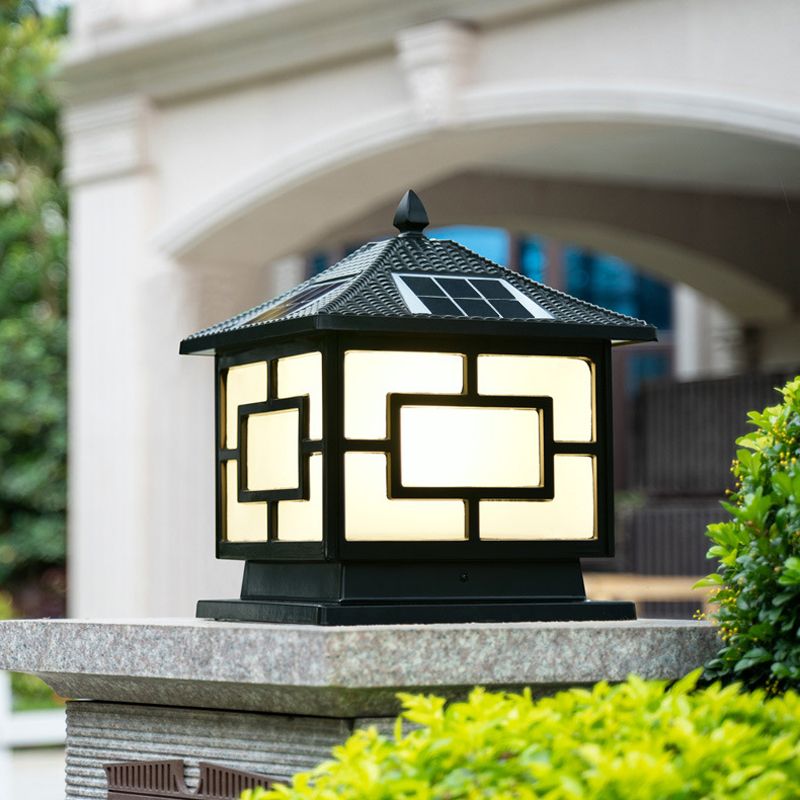 Rectangle Shape Metal Pillar Lamp Modern Style 1 Light Solar Outdoor Light