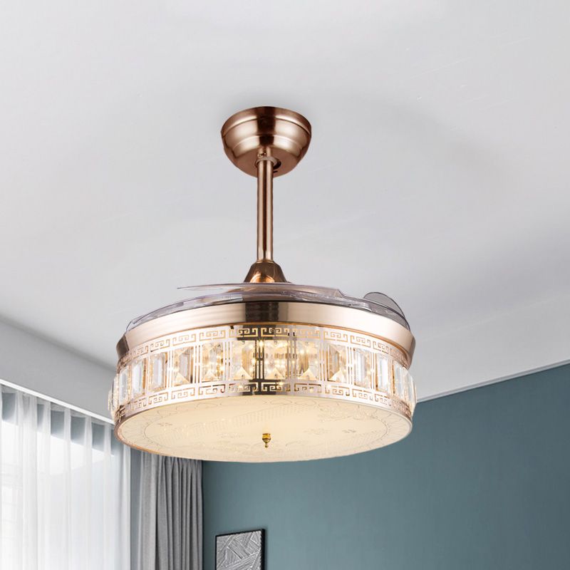 Trommel verrukte kristal semi-spoelventilator licht eenvoudige eetkamer 3-blade led dicht bij plafondlamp in goud, 42,5 "w