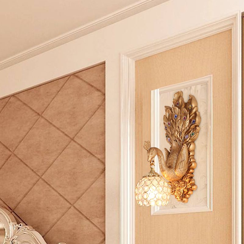 Dome Crystal Wall Mounted Light Antique 1 Light Bedroom Sconce Lamp with Blue/Gold/White Peacock Backplate