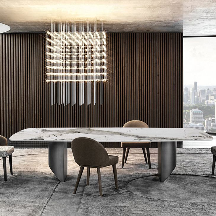 Sintered Stone Top Dining Table Rectangle Table with Grey Metal Base and Double Pedestal