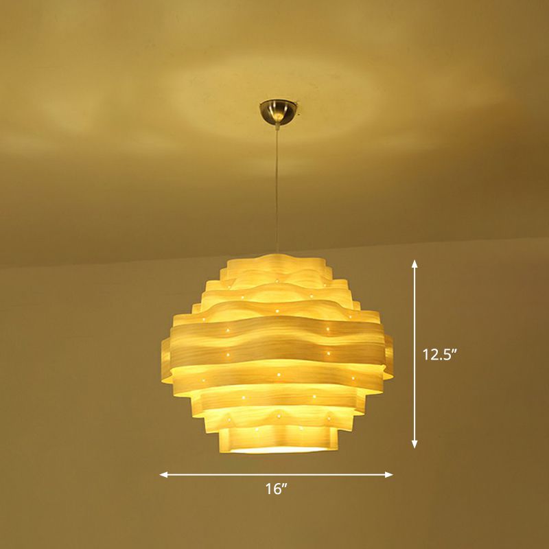 Modern Wavy Shade Pendant Lighting Wood Veneer 1 Bulb Restaurant Hanging Lamp Kit