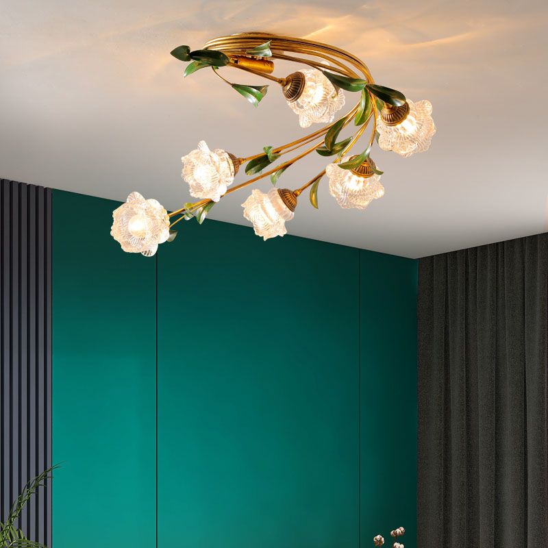 American Style Ceiling Light Flower Shape Ceiling Lamp with Glass Shade for Living Room