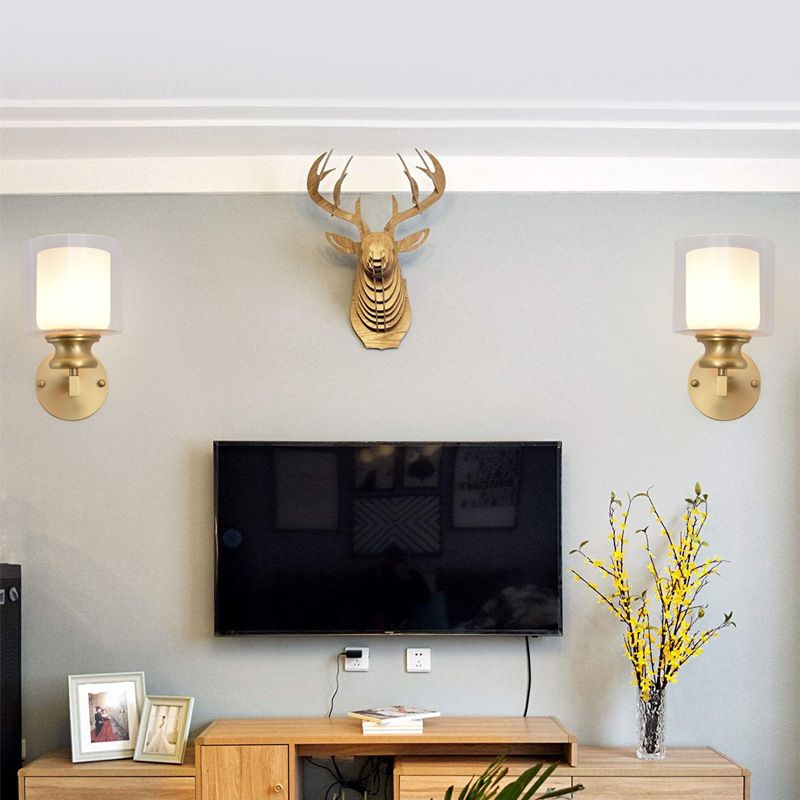 Modern 1 - Light Armed Wall Lighting Solid Brass and Cylinder Glass Shade Wall Sconce