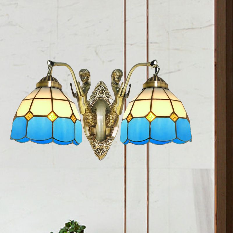 2-Head Domed Wall Mount Lighting Tiffany Dark Blue and White/Orange and White Stained Glass Mermaid Wall Sconce with Grid Pattern
