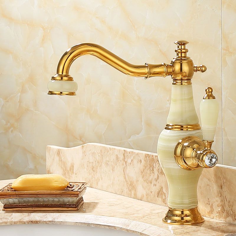 Deck Mounted Copper Tub Faucet Low Arc Roman Tub Faucet Set with Jade