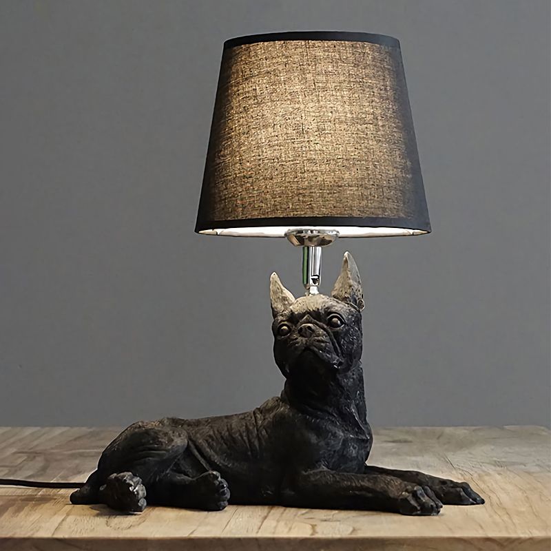 1 Bulb Fabric Night Table Light Traditional Black Drum Bedroom Nightstand Lamp with Resin Dog Base