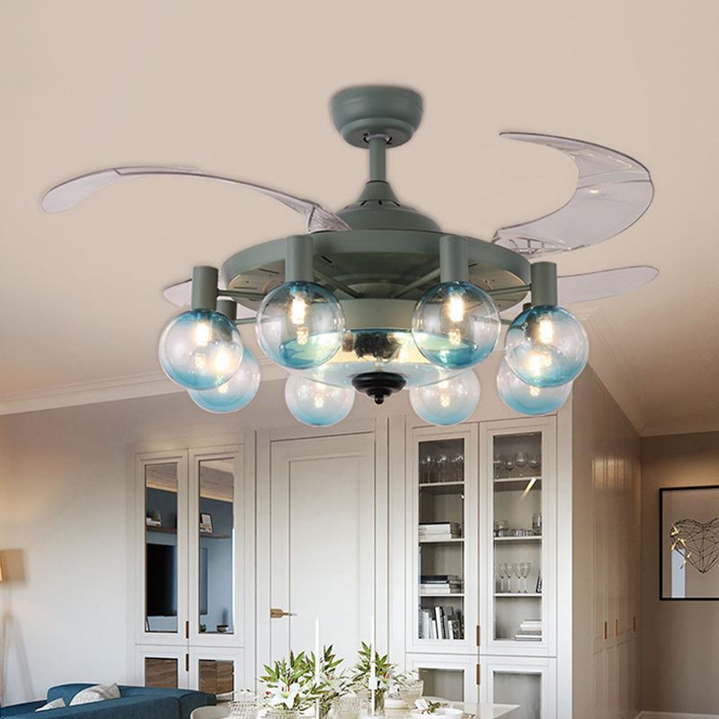 42 "W 8-licht ventilatorlamp eenvoud Slaapkamer 4 Blades Semi Flush Light armatuur met bol heldere glazen schaduw in donkergroen, afstandsbediening/afstandsbediening en wandregeling/frequentieconversie en afstandsbediening