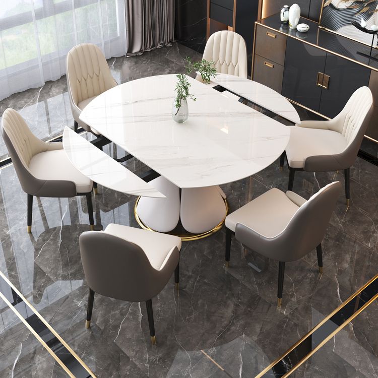 Contemporary Style Sintered Stone Dining Table with Built-in Storage Layer and Pedestal Base