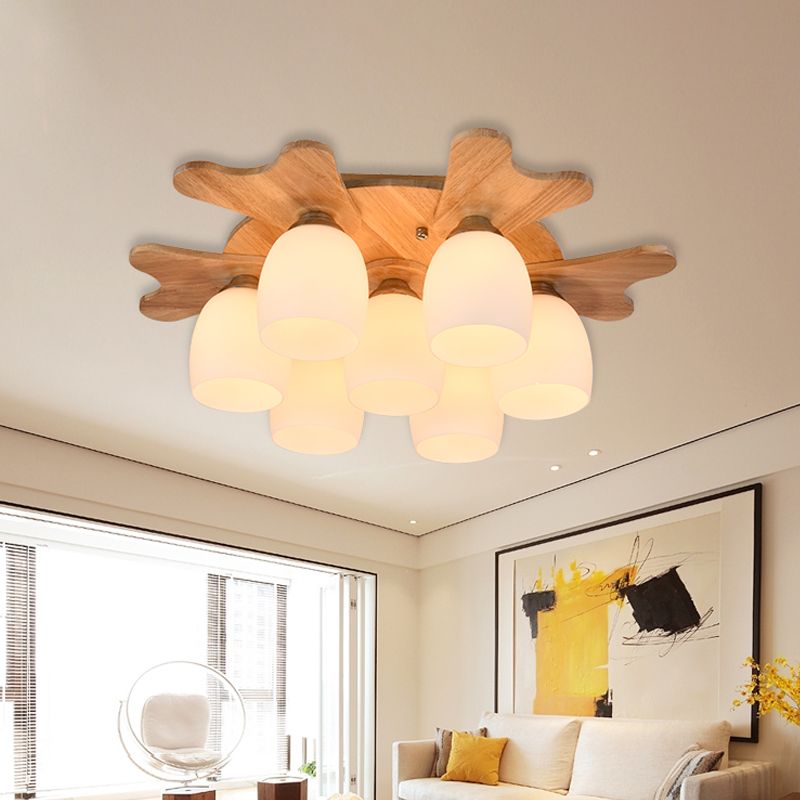 Cream Glass Bell Flush Ceiling Light Nordic 1/5/7-Head Semi Mount Lighting with Antler Top in Wood