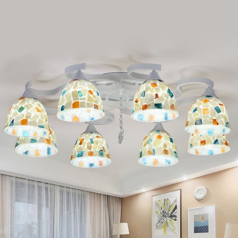 Bell-schaal met mozaïek-tegel spoel kroonluchter mediterrane 8-licht witte semi-spoeling montage plafondlicht