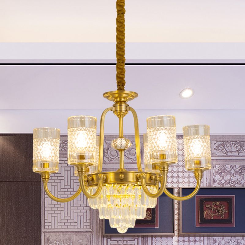 6-licht pijlerhangende kroonluchter postmoderne gouden gestructureerde glazen hanglamp met gelaagde kristalprisma