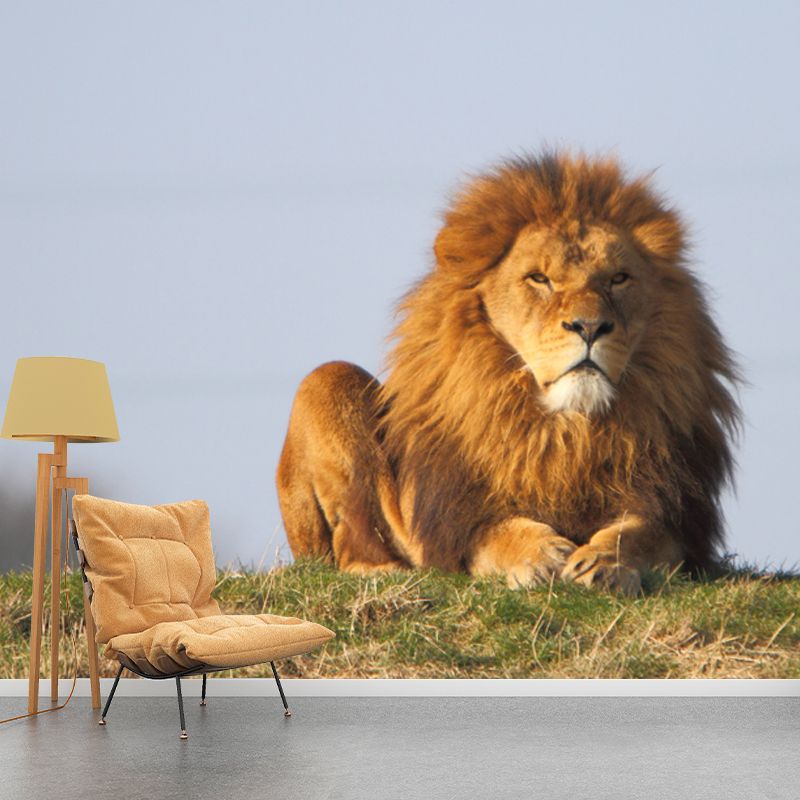 Contemporary Lion Wall Paper Mural Non-Woven Brown Washable Wall Art for Bedroom