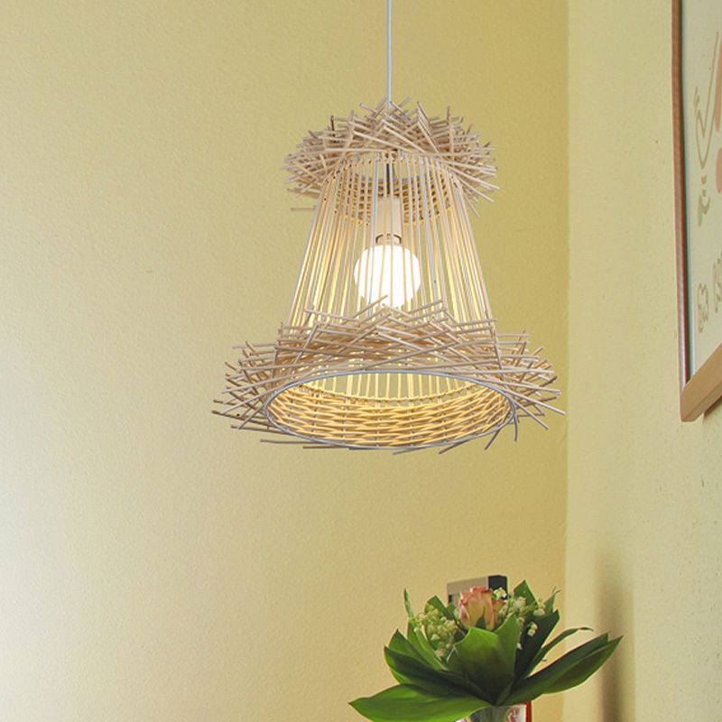Lámpara colgante de techo de techo de techo de cono de ratán Una luz de madera ligera para el comedor