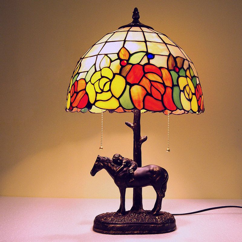 Resin Dark Brown Pull-Chain Night Lamp Kid Sleeping on Horseback 2-Bulb Tiffany Table Light with Roseborder Shell Shade