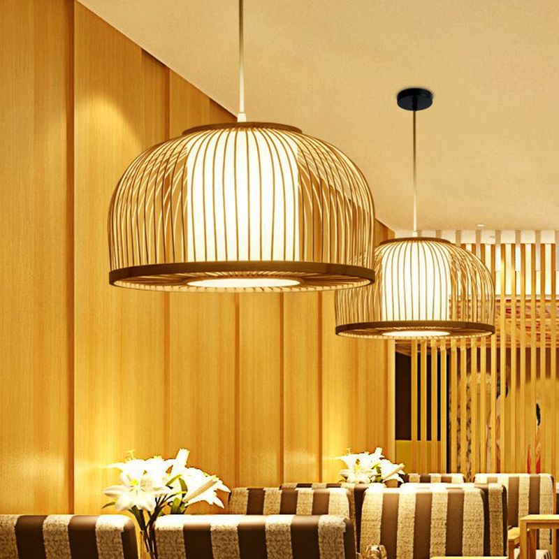 1 Bulb Restaurant Hanging Lighting Minimalist Wood Drop Pendant with Bowl Cage Bamboo Shade
