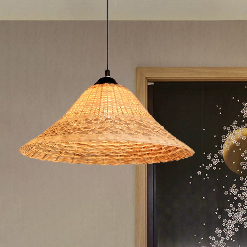 Bamboo Woven Wide Flare Pendant Lamp South East Asia 1 Bulb Brown Suspension Light