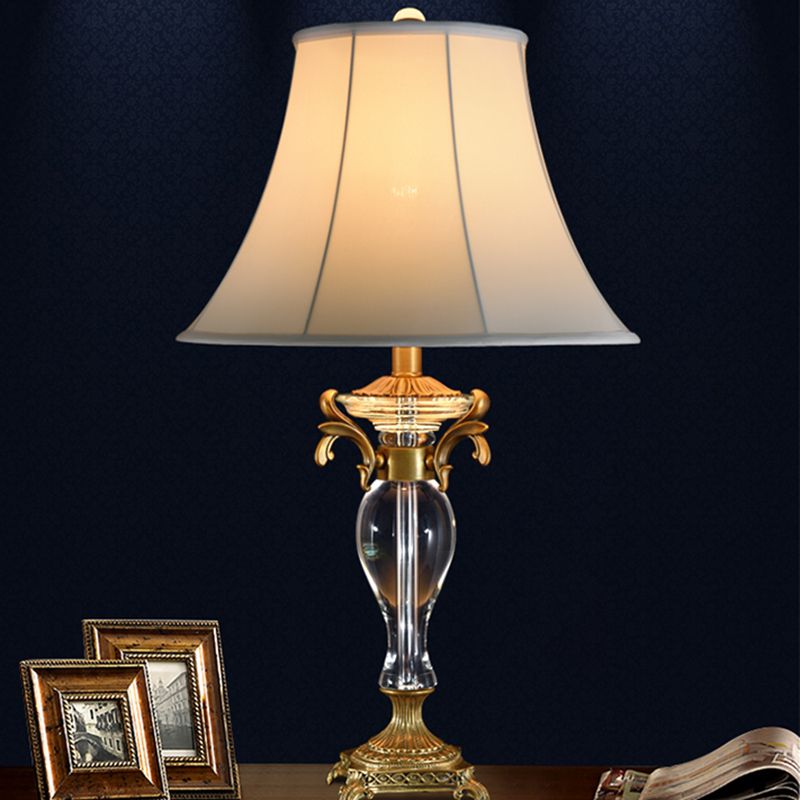 Bell Study Lamp Modern Fabric 1 Bulb White Task Light with Carved Brass Metallic Base