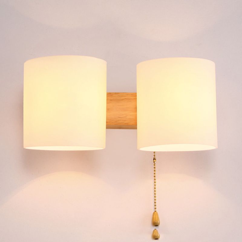 Wooden Cylindrical Wall Lamp in Modern Concise Style White Glass Wall Sconce for Interior Spaces