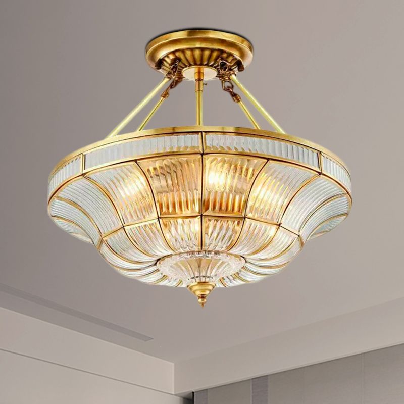 16"/19.5" Wide 3/6 Lights Bedroom Semi-Flush Mount Traditional Brass Semi Flush Light with Faceted Clear Ribbed Glass Shade