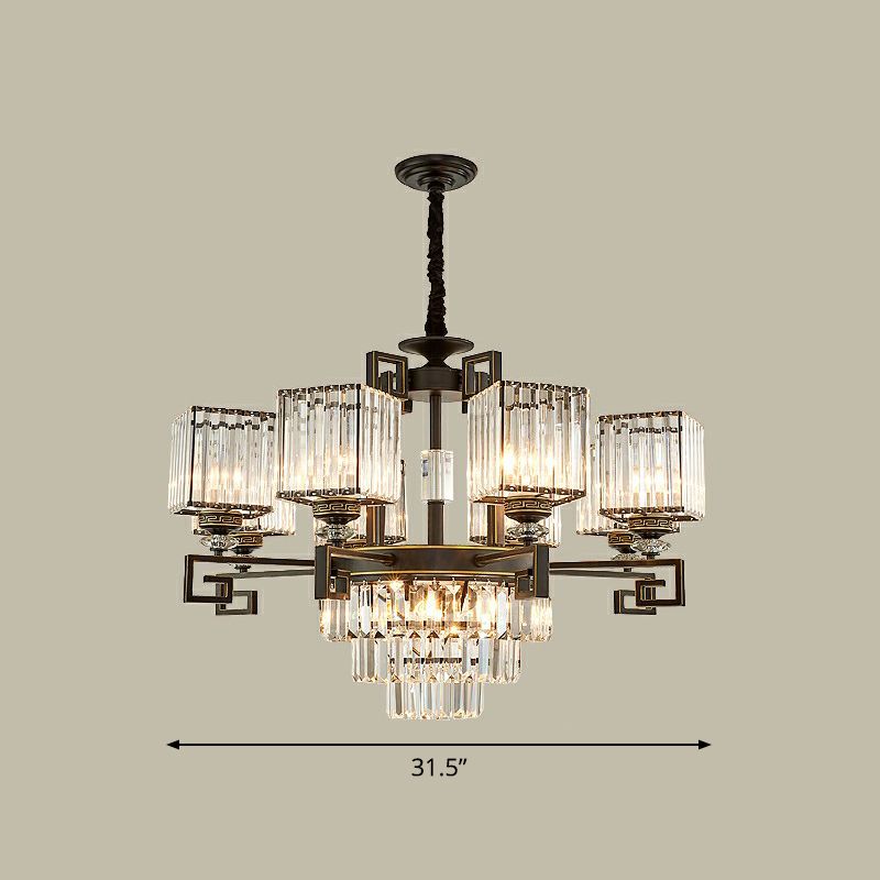 Vintage Square Chandelier Light Prismatic Crystal Ceiling Suspension Lamp in Black