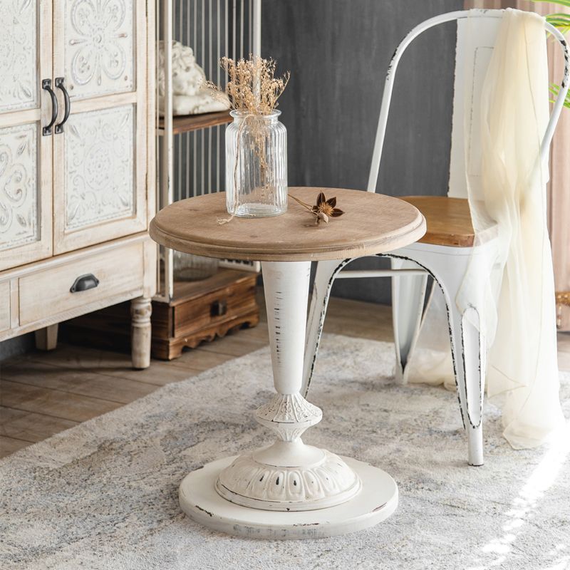 French Country Round Solid Wood Top Coffee Table Iron Pedestal Cocktail Table