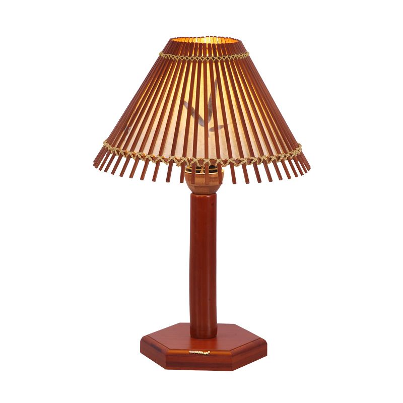 Lámpara de escritorio de bambú trompeta asiática, 1 bombilla, iluminación de trabajo roja y marrón con base de madera hexagonal