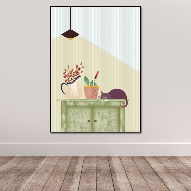 Kitty and Potted Plant Art Print Kids Style Textured Surface Sitting Room Canvas
