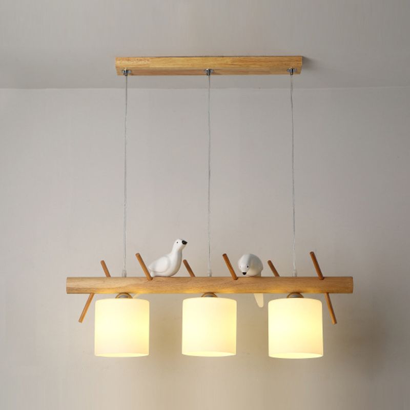 Modern Wood Pendant Light Cylinder Shape Island Light with Glass Shade for Living Room