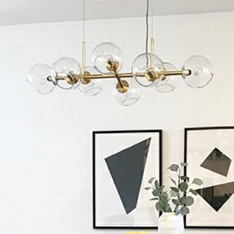 8-Light Dining Room Suspension Lighting Postmodern Brass Island Light with Dome Glass Shade
