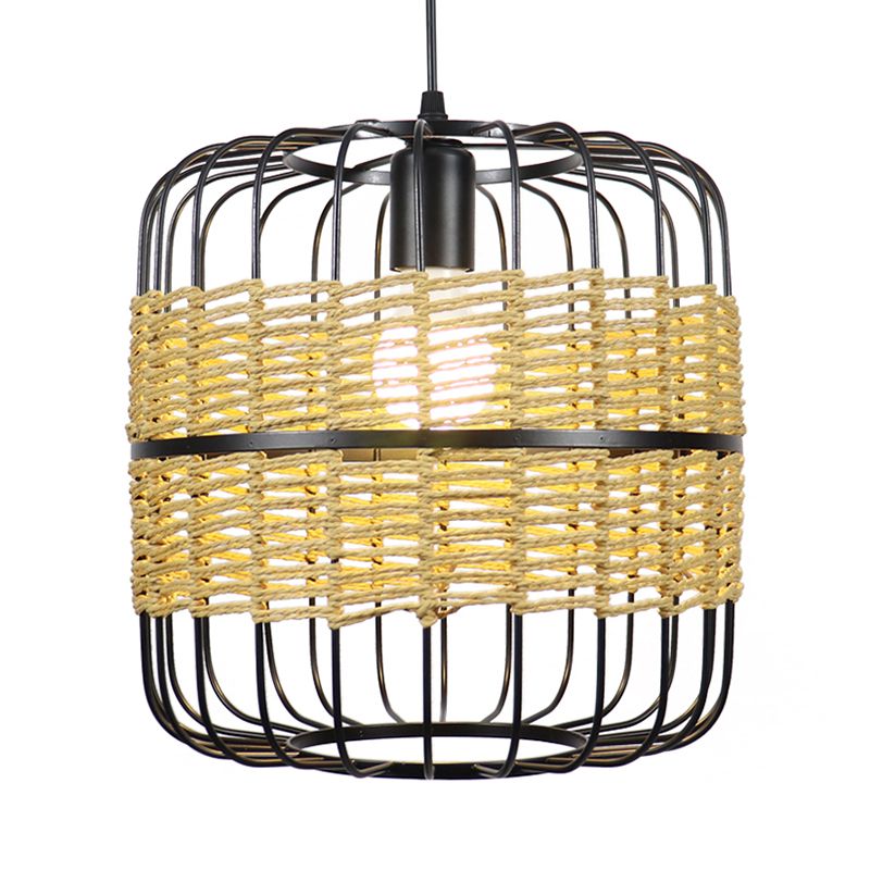 Cylinder Metal Cage Hanging Lamp Modern Straw Rope 1-Light Beige Drop Ceiling Light for Bedroom Restaurant
