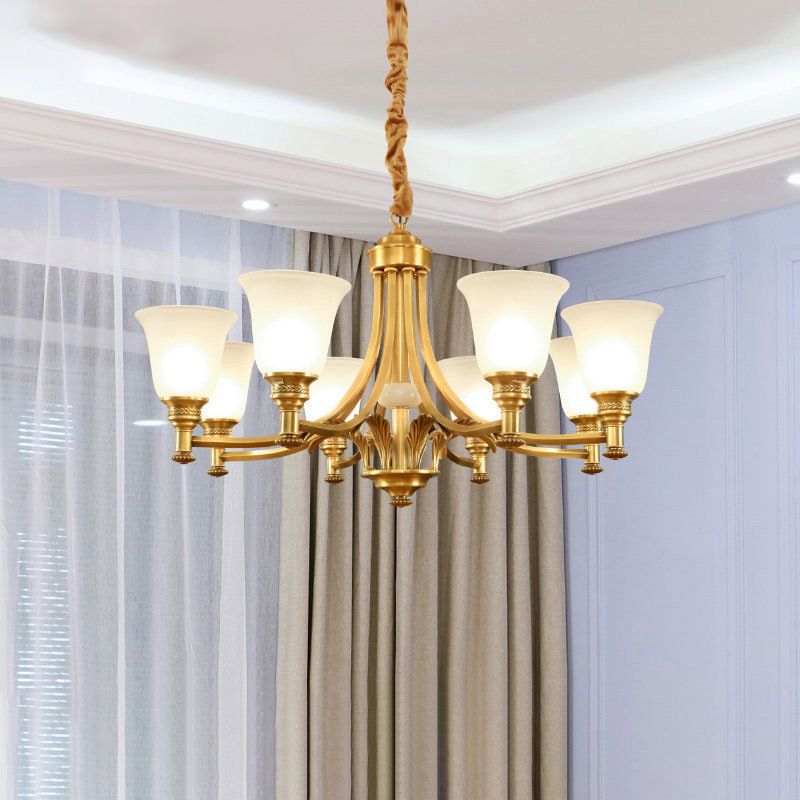 Brass Flared Up Chandelier Antique Style Opaline Glass Bedroom Suspended Lighting Fixture