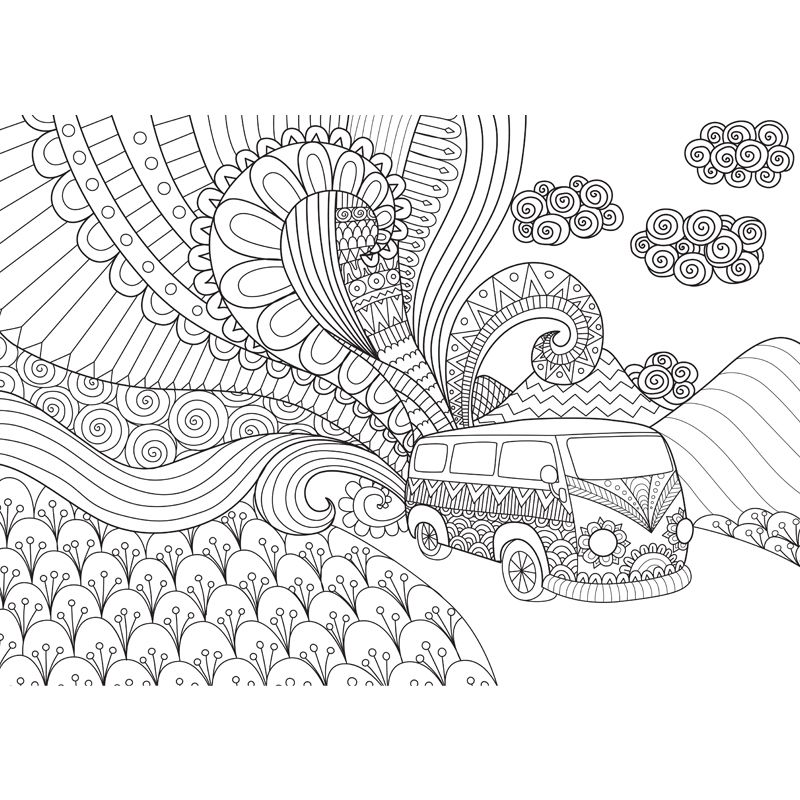 Full Size Cartoon Wallpaper Mural Black and White Hand Print Landscape Wall Covering, Custom Made