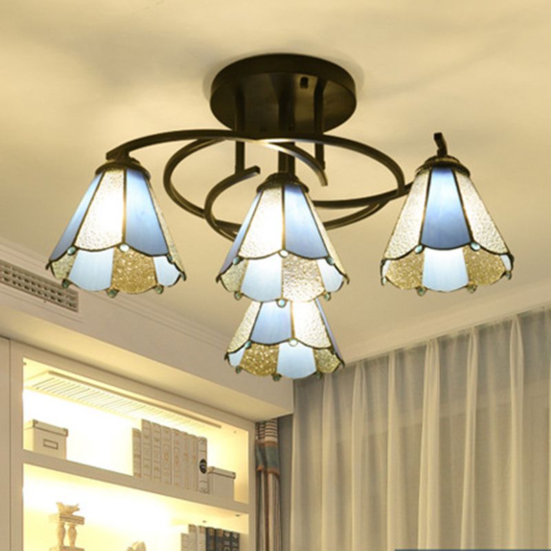 4 Lights Bedroom Semi Flush Mount Light Mediterranean Black Ceiling Lamp with Cone/Dome White/Beige/Blue Glass Shade