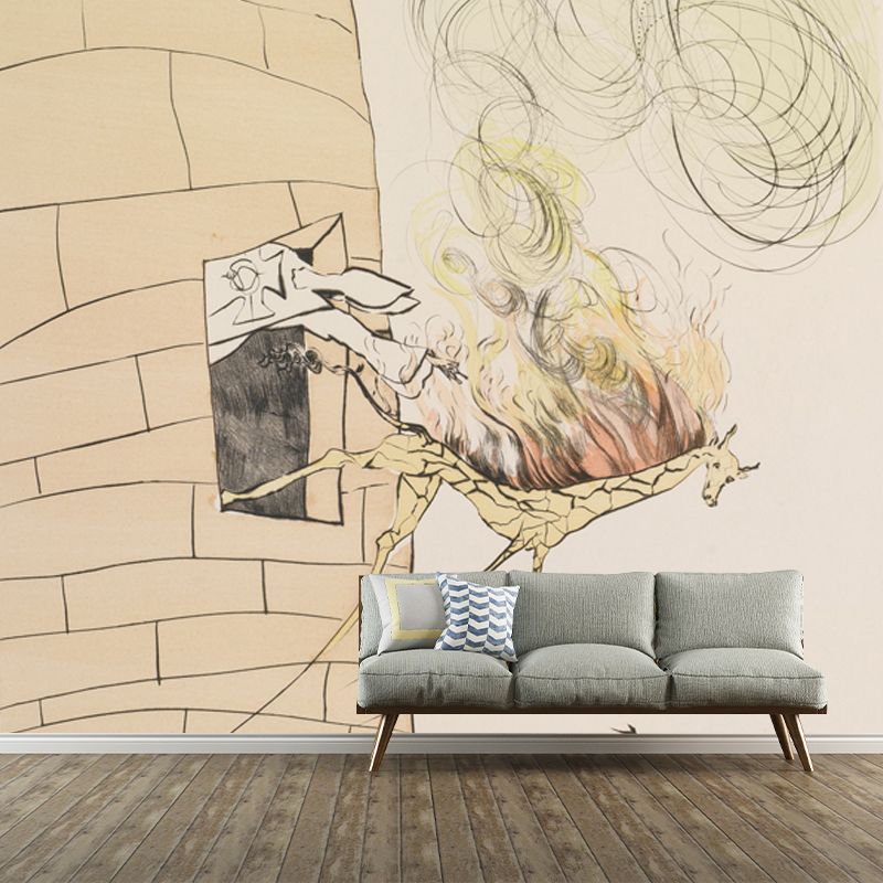 Huge Dali Drawing Mural Surreal Creative Horse Thrown Out of Fortress Wall Art in Beige