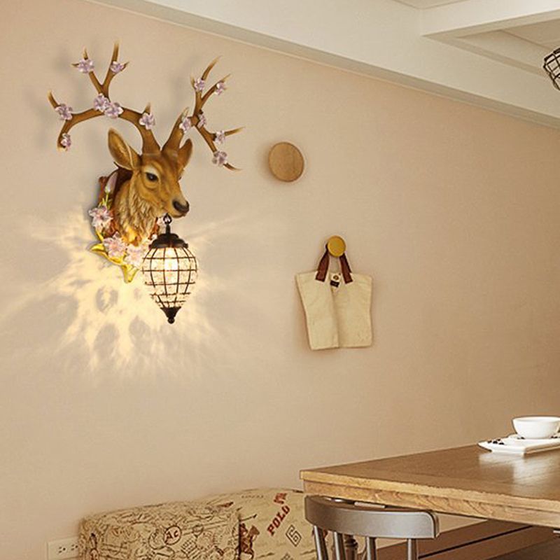 1 Light Resin Wall Lighting Country White/Yellow/Brown Deer Living Room Sconce Light Fixture with Teardrop Crystal Shade