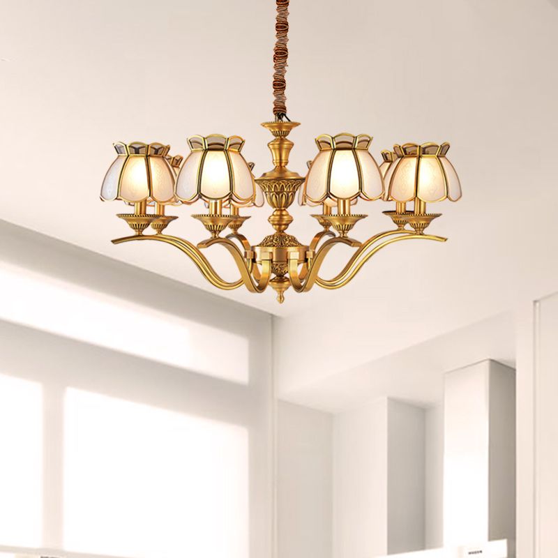 6 Lights Scalloped Chandelier Pendant Lamp Colonialist Brass Frosted Glass Hanging Ceiling Light