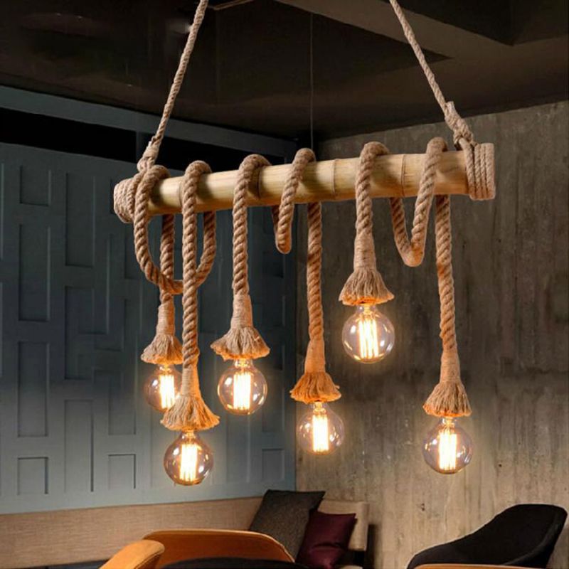 Vintage Hemp Rope Chandelier Industrial Retro Linear Exposed Bulb Bamboo Pendant for Restaurant