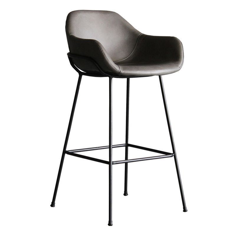 Contemporary Leather Armed Barstool Matte Finish Footrest Low Back Stool