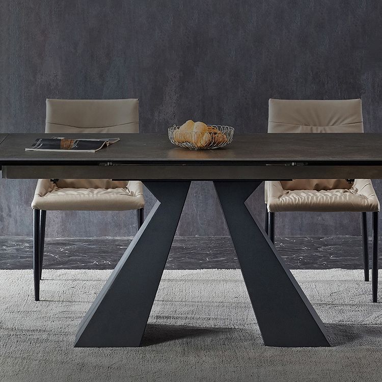 Industrial Sintered Stone Dining Table Rectangle Black Table with Pedestal Base