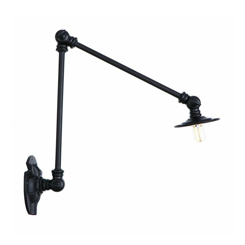 Extendable 2-Arm Iron Wall Light Warehouse 1-Light Studio Task Wall Lamp with Disc Shade in Black, 4"/12"/19.5" Long