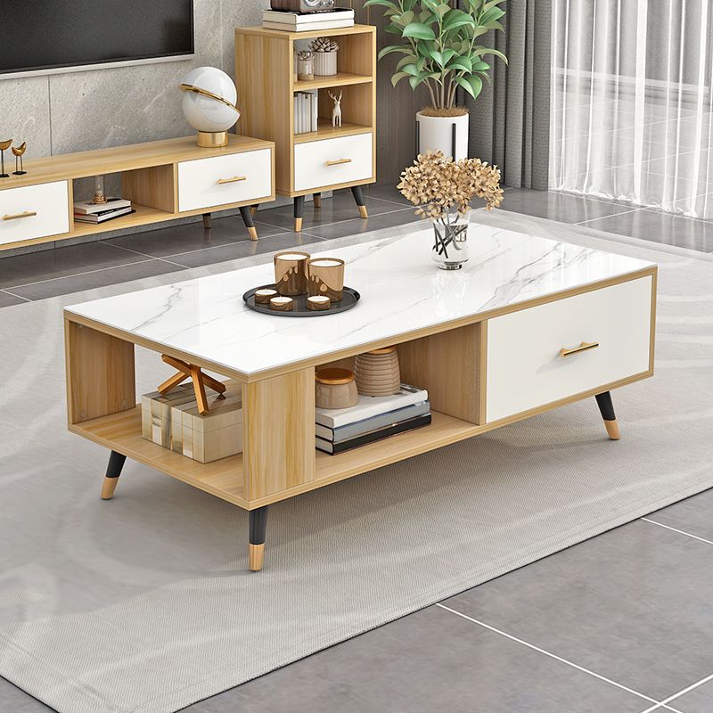 Modern Rectangular Coffee Table with Storage Wooden 4 Legs Cocktail Table