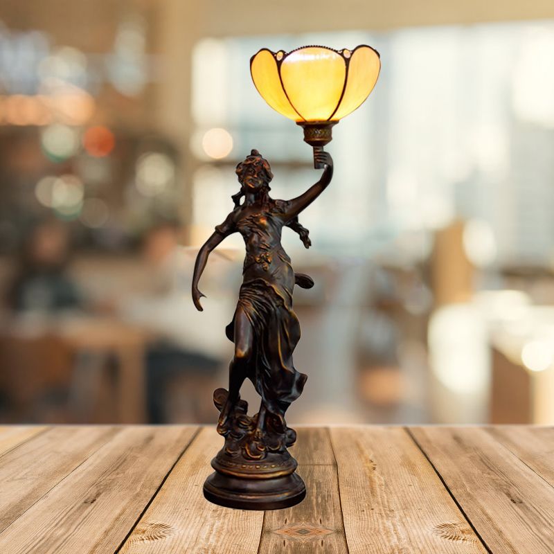 Mesa de sombra de c el individual/lámpara de vidrio de vaso amarillo/marrón blanco con estatua de mujer griega estatua