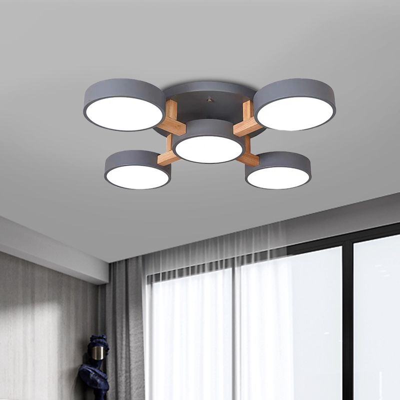 Macaron Tambor Sombra Lámpara Techo Acrílico 3/4/5 Cabezales Verde/Gris/Blanco Led Semi-Luz de techo para dormitorio