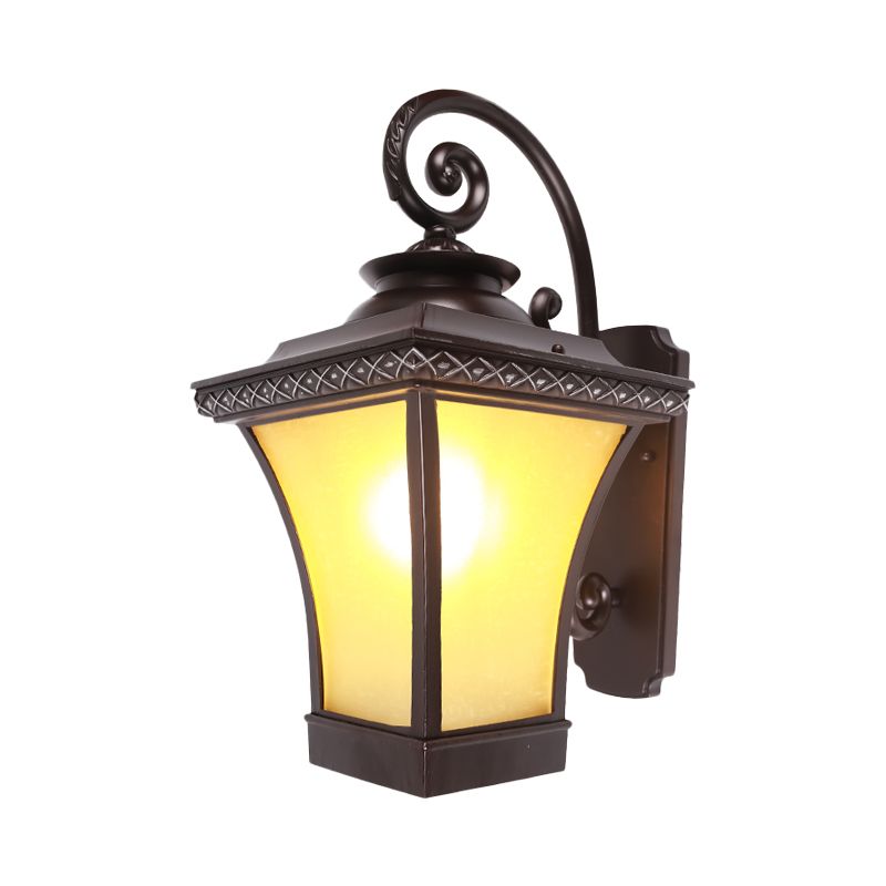 1 Bulb Wall Light Fixture Classic Patio Wall Lighting Ideas with Lantern Yellow Glass Shade in Coffee